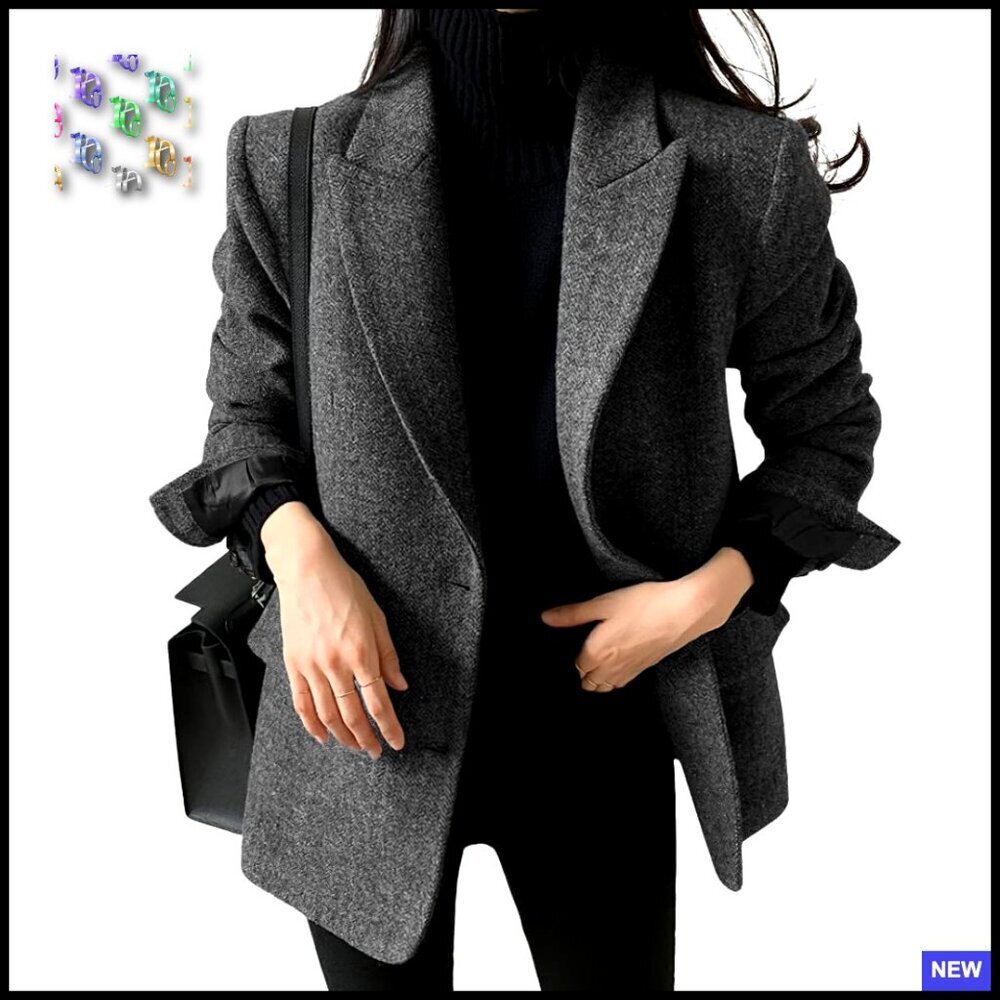 Wool Blend Blazer Classic Elegant Business Casual Work Coat Mid Thigh Length